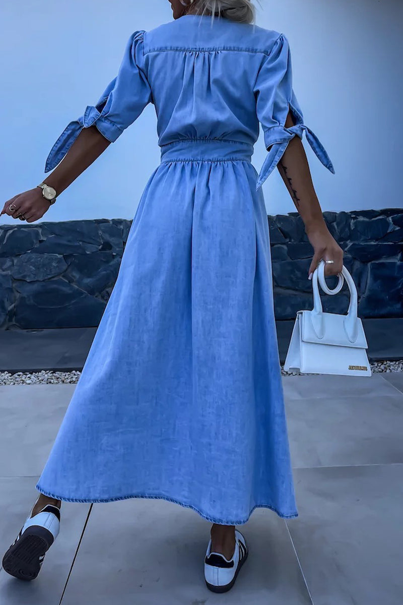 Alina® | Elegant solid color loose denim dresses with V-neck, half-length sleeves and buckle