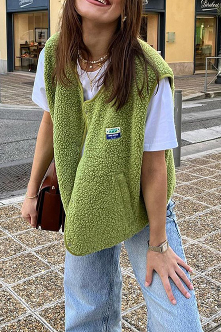 Holly | Casual street pocket buttons, fluffy O-neck vests