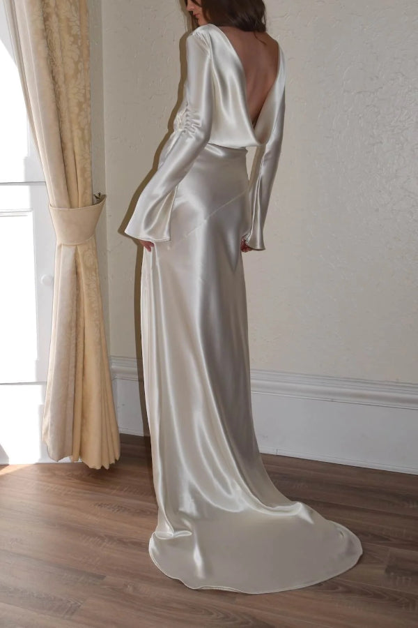 Robyn® | Pearl Eden maxi dress with an open cowl neckline and satin back