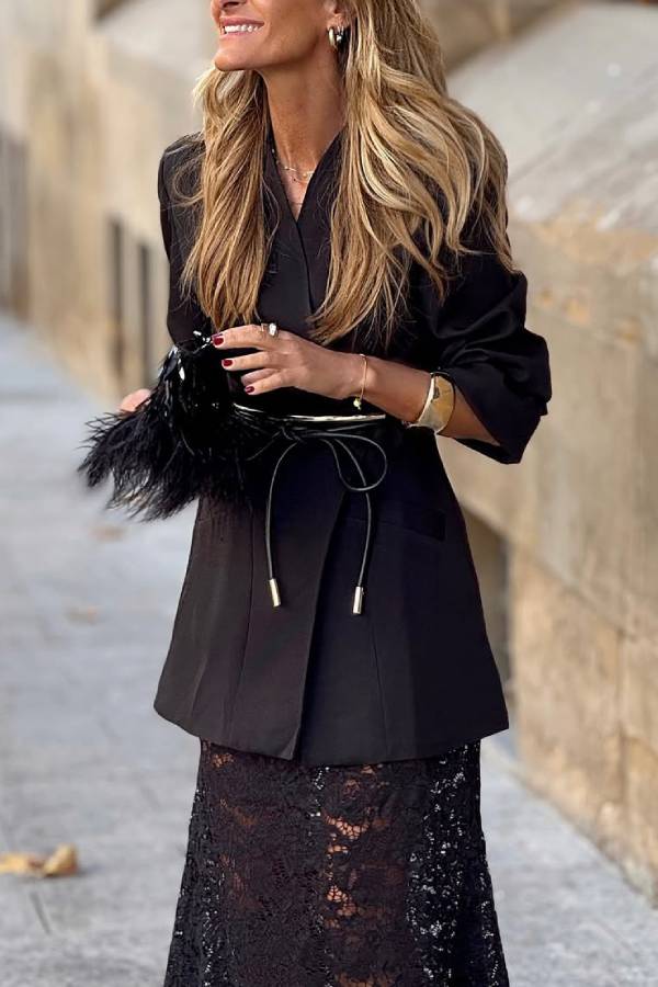 Caroline® | Black lace skirt and blazer set
