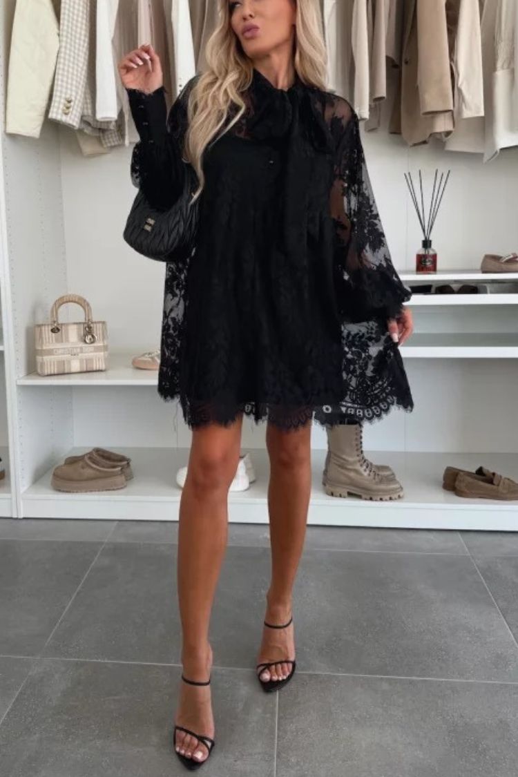 Iliana® | Night Rose A-line mini dress with lace bow and long balloon sleeves