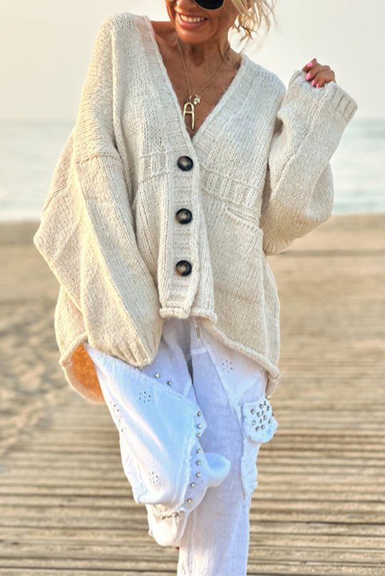 Olivia® | Solid color loose long sleeve knitted sweater with V-neck and pocket