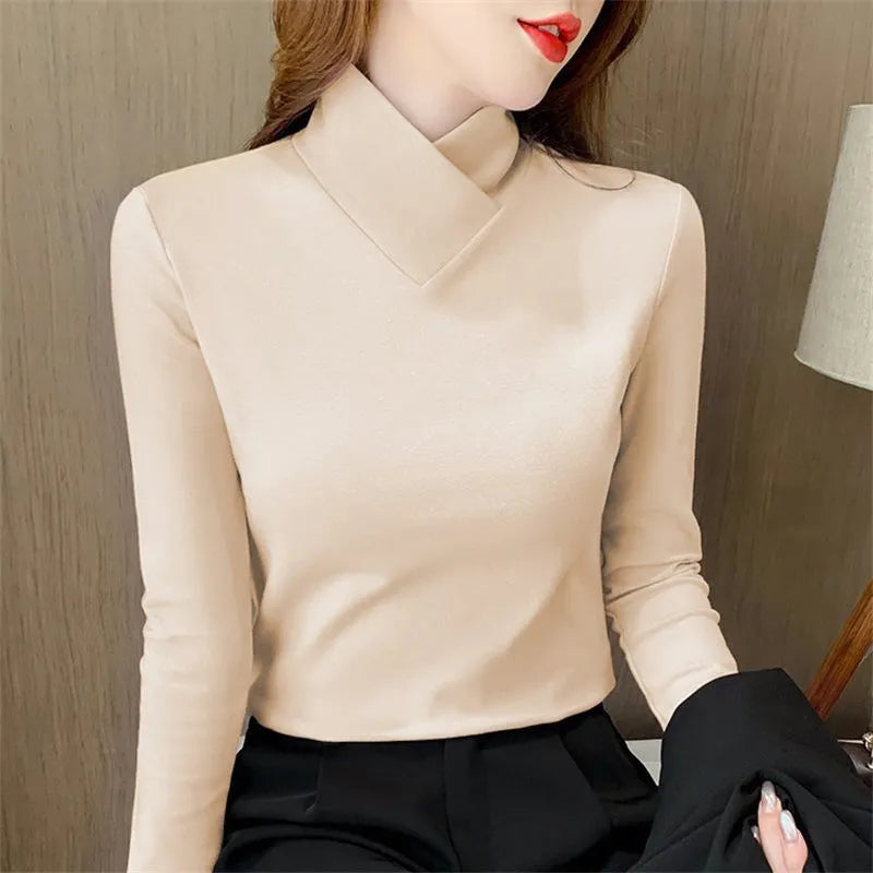 Elara® | Elegant Crossed Mock Neck Long Sleeve Top