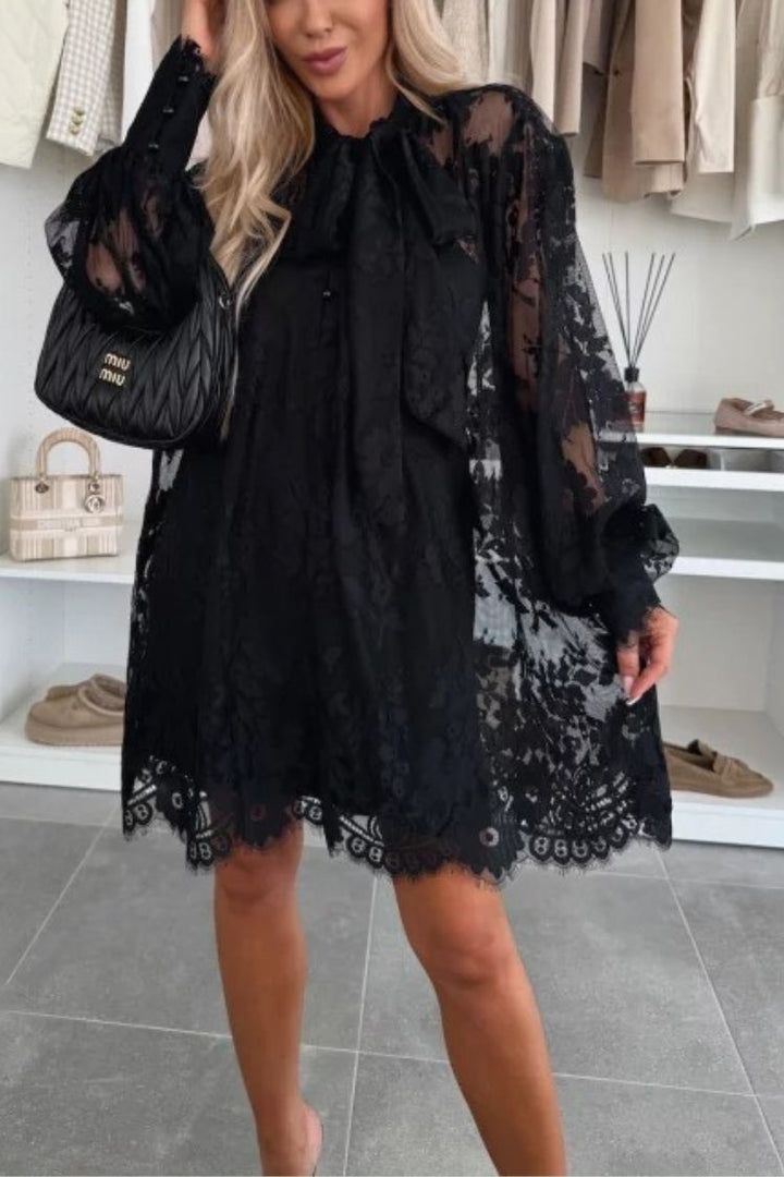 Iliana® | Night Rose A-line mini dress with lace bow and long balloon sleeves