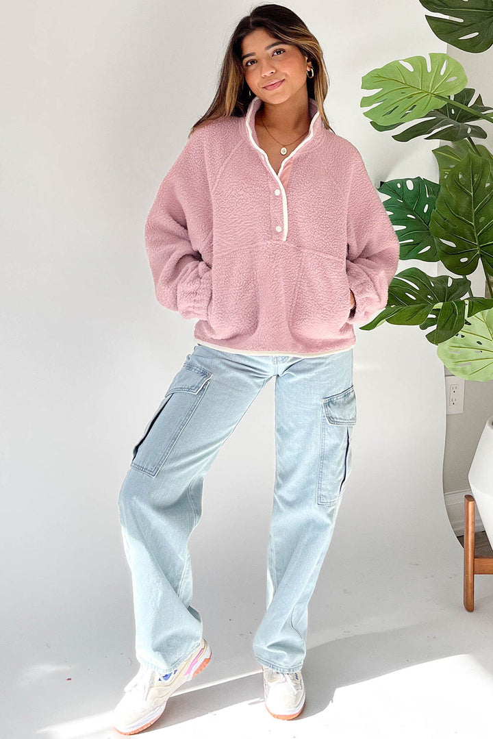 Natalia | Long-sleeved sweatshirt with a half-length snap fastening and side slit pockets