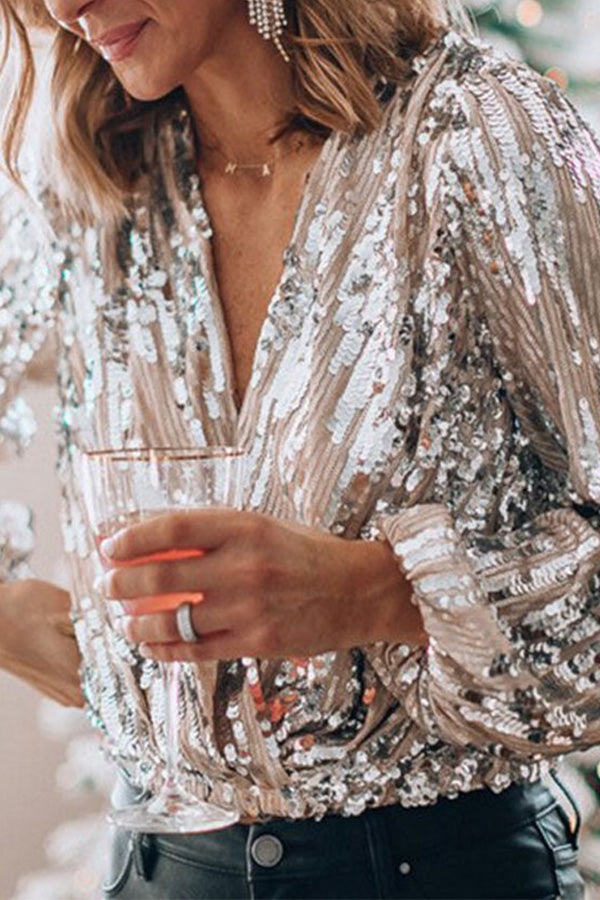 Rosalía® | Women's Blouse With Sequins V-Neck And Balloon Sleeves