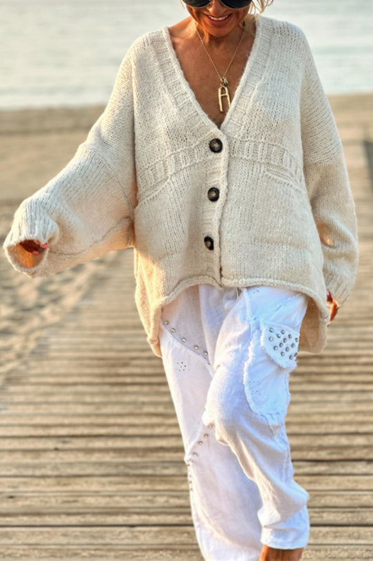 Olivia® | Solid color loose long sleeve knitted sweater with V-neck and pocket