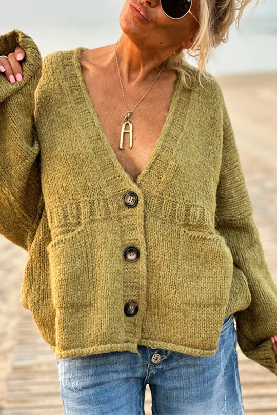 Olivia® | Solid color loose long sleeve knitted sweater with V-neck and pocket