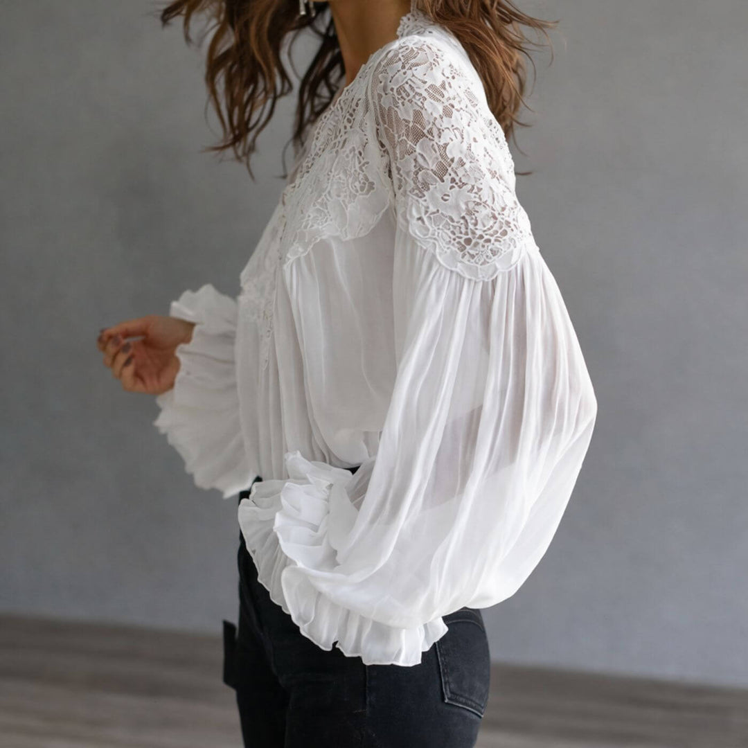 Athena™| Chic White Lace Long Sleeve V-Neck Top