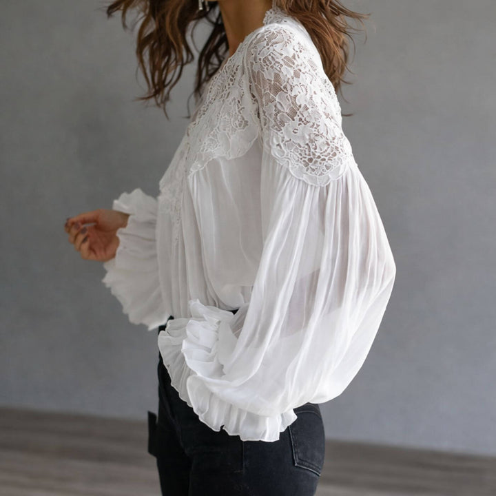 Athena™| Chic White Lace Long Sleeve V-Neck Top