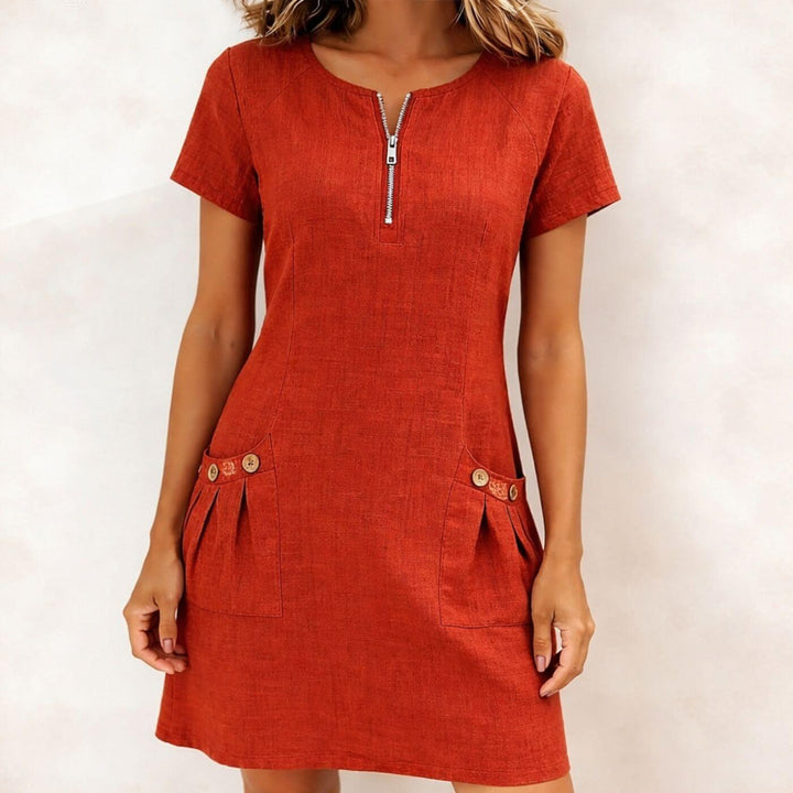 Juliette™| Casual Mini Short Sleeve Zip Up Pocket Dress