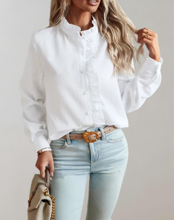 Abelia® | Loose-Fitting Top With Ruffles, Stand-Up Collar, Button Closure And Long Sleeves
