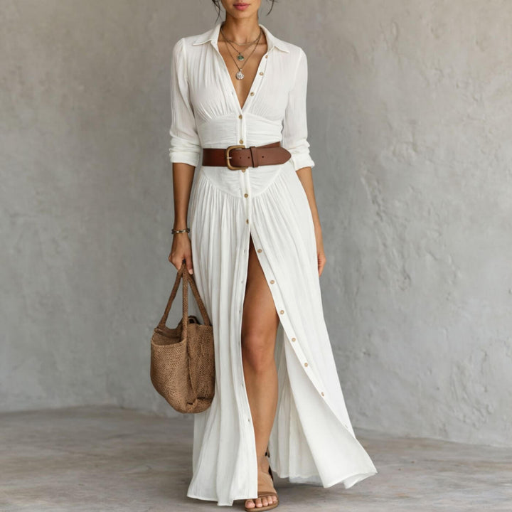 Margaret™| Boho White Flowing Button Front Maxi Dress