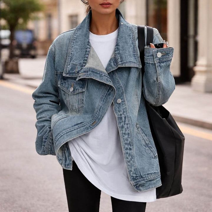 Megan™| Oversized Vintage Washed High Neck Denim Jacket