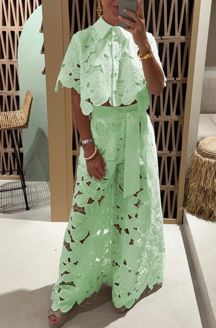 Rosa® | Women'S Evening Set With Floral Cut-Out Design And Waist Belt