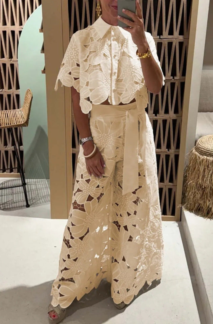 Rosa® | Women'S Evening Set With Floral Cut-Out Design And Waist Belt
