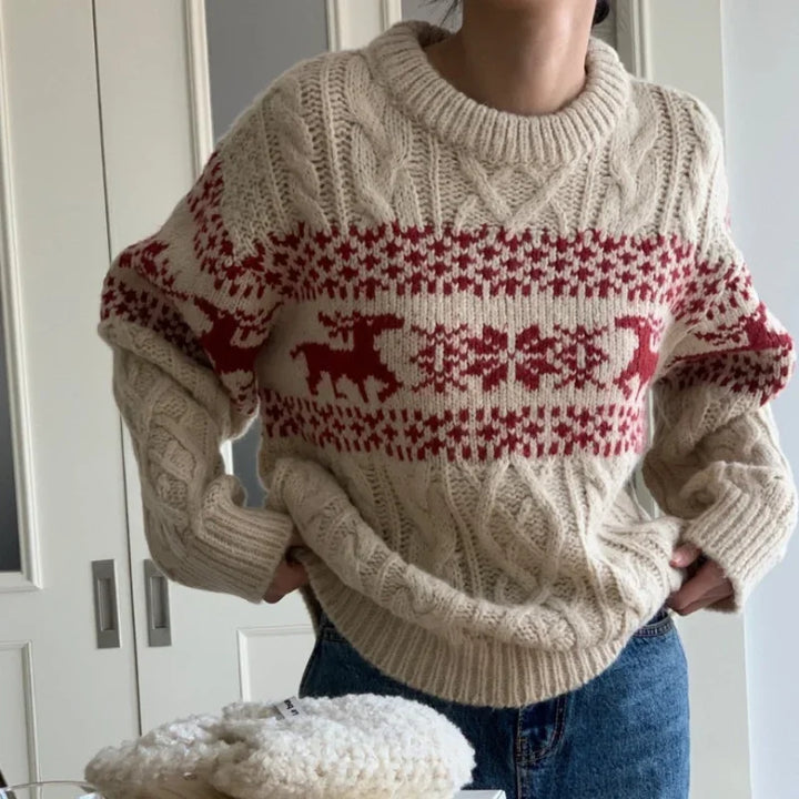 Geraldine | Christmas Patchwork Crew Neck Knitted Sweater for Women