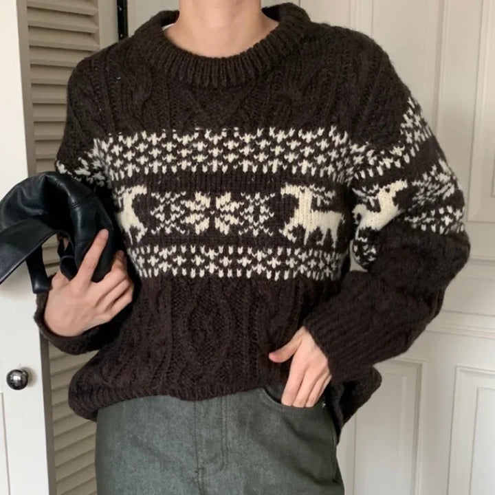Geraldine | Christmas Patchwork Crew Neck Knitted Sweater for Women