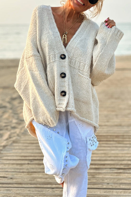 Olivia® | Solid color loose long sleeve knitted sweater with V-neck and pocket