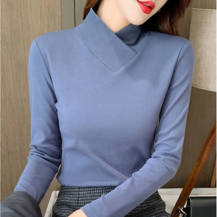 Elara® | Elegant Crossed Mock Neck Long Sleeve Top