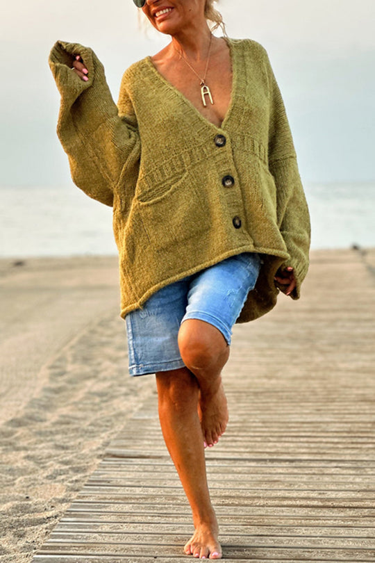 Olivia® | Solid color loose long sleeve knitted sweater with V-neck and pocket