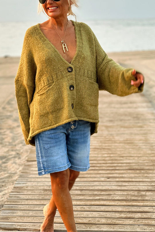 Olivia® | Solid color loose long sleeve knitted sweater with V-neck and pocket