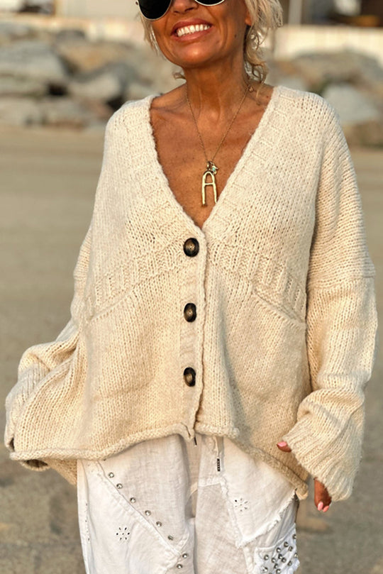 Olivia® | Solid color loose long sleeve knitted sweater with V-neck and pocket