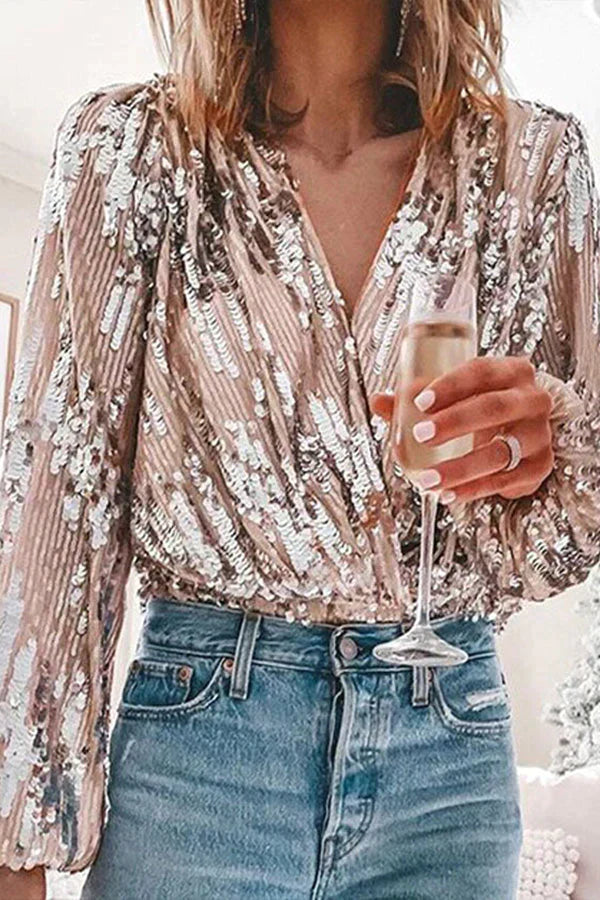 Rosalía® | Women's Blouse With Sequins V-Neck And Balloon Sleeves