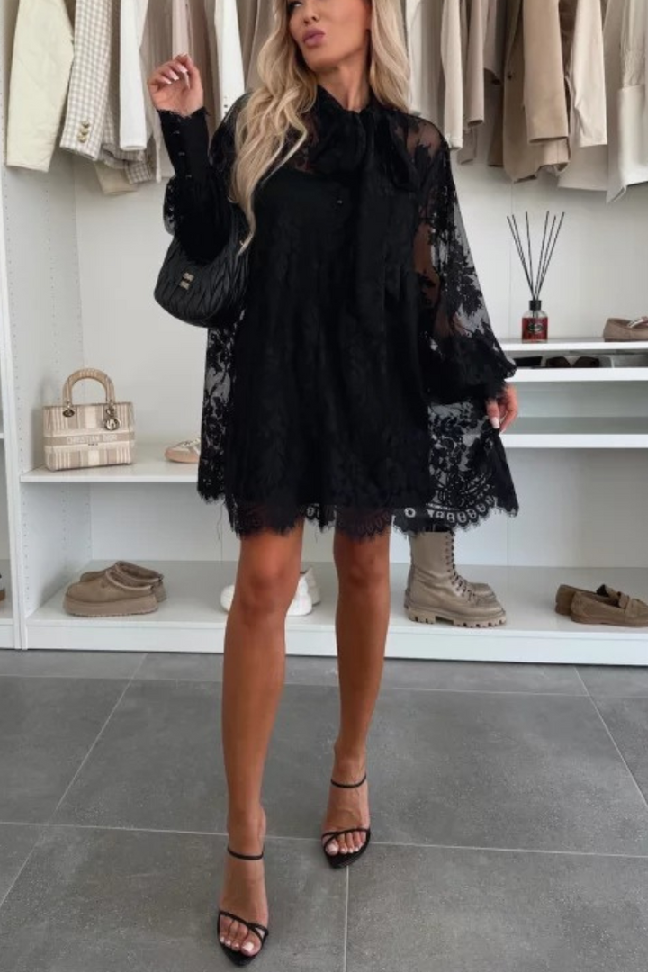 Iliana® | Night Rose A-line mini dress with lace bow and long balloon sleeves