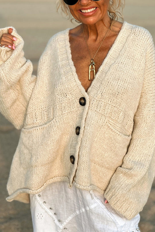 Olivia® | Solid color loose long sleeve knitted sweater with V-neck and pocket