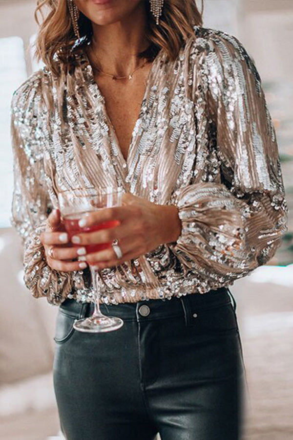 Rosalía® | Women's Blouse With Sequins V-Neck And Balloon Sleeves