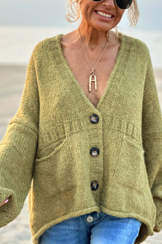 Olivia® | Solid color loose long sleeve knitted sweater with V-neck and pocket