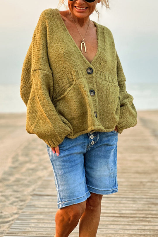 Olivia® | Solid color loose long sleeve knitted sweater with V-neck and pocket