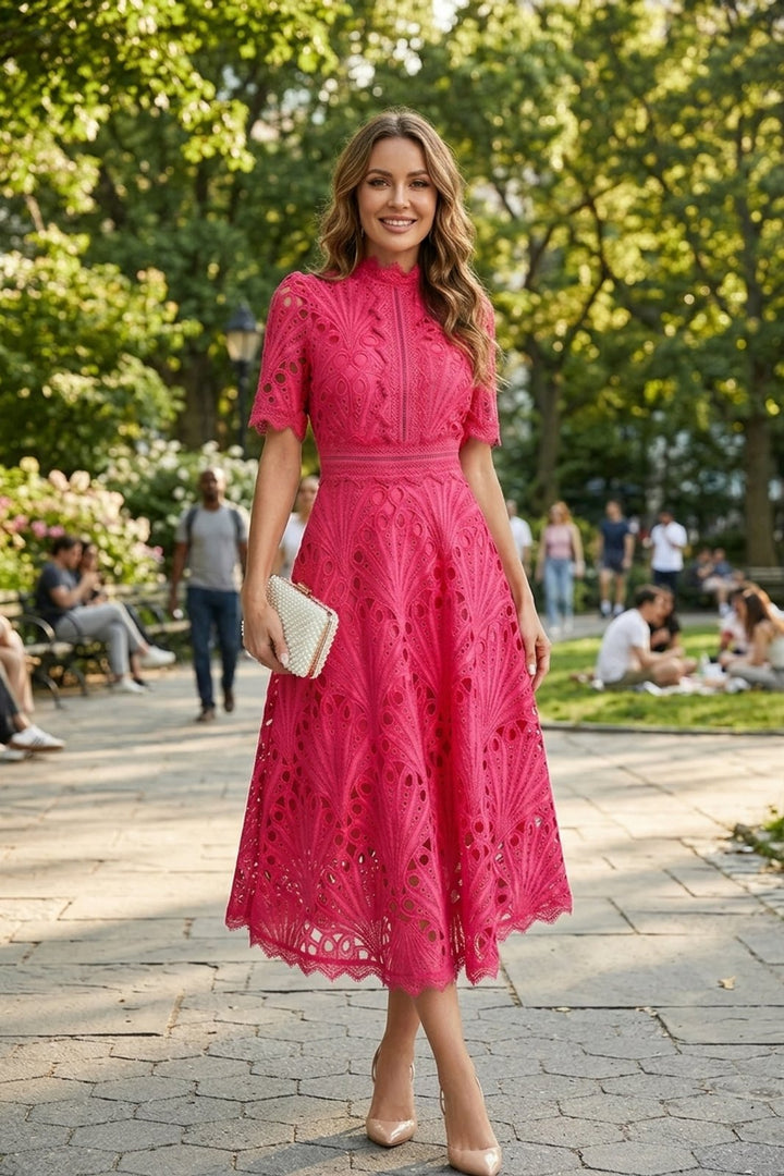 Ria™ | Intricate Lace High Neck Midi Dress