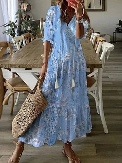 Delia™ | V-Neck Geometric Print Boho Dress