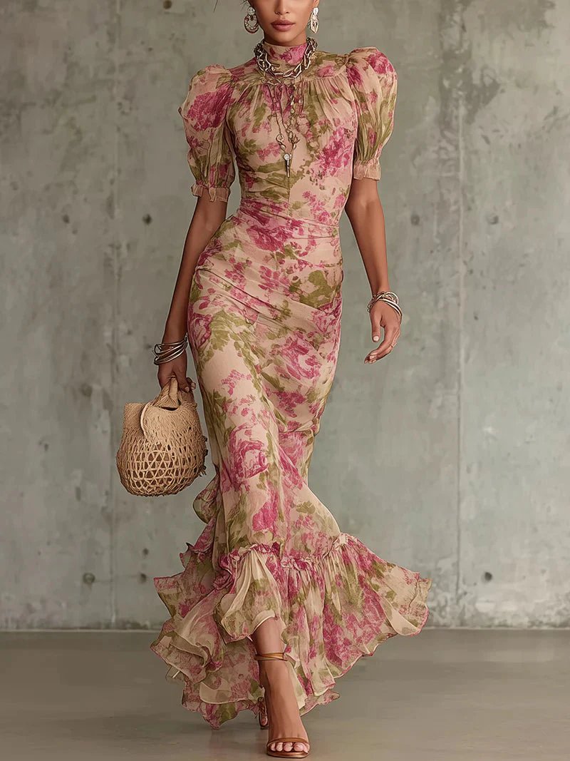 Gabriella™ | Vintage Print Puff Sleeve Maxi Dress