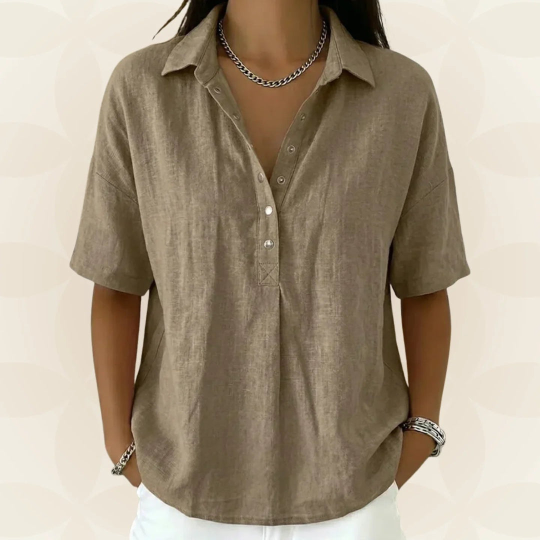 Nina™ | Button Front V-Neck Short Sleeve Blouse