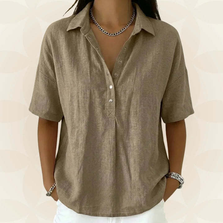 Nina™ | Button Front V-Neck Short Sleeve Blouse