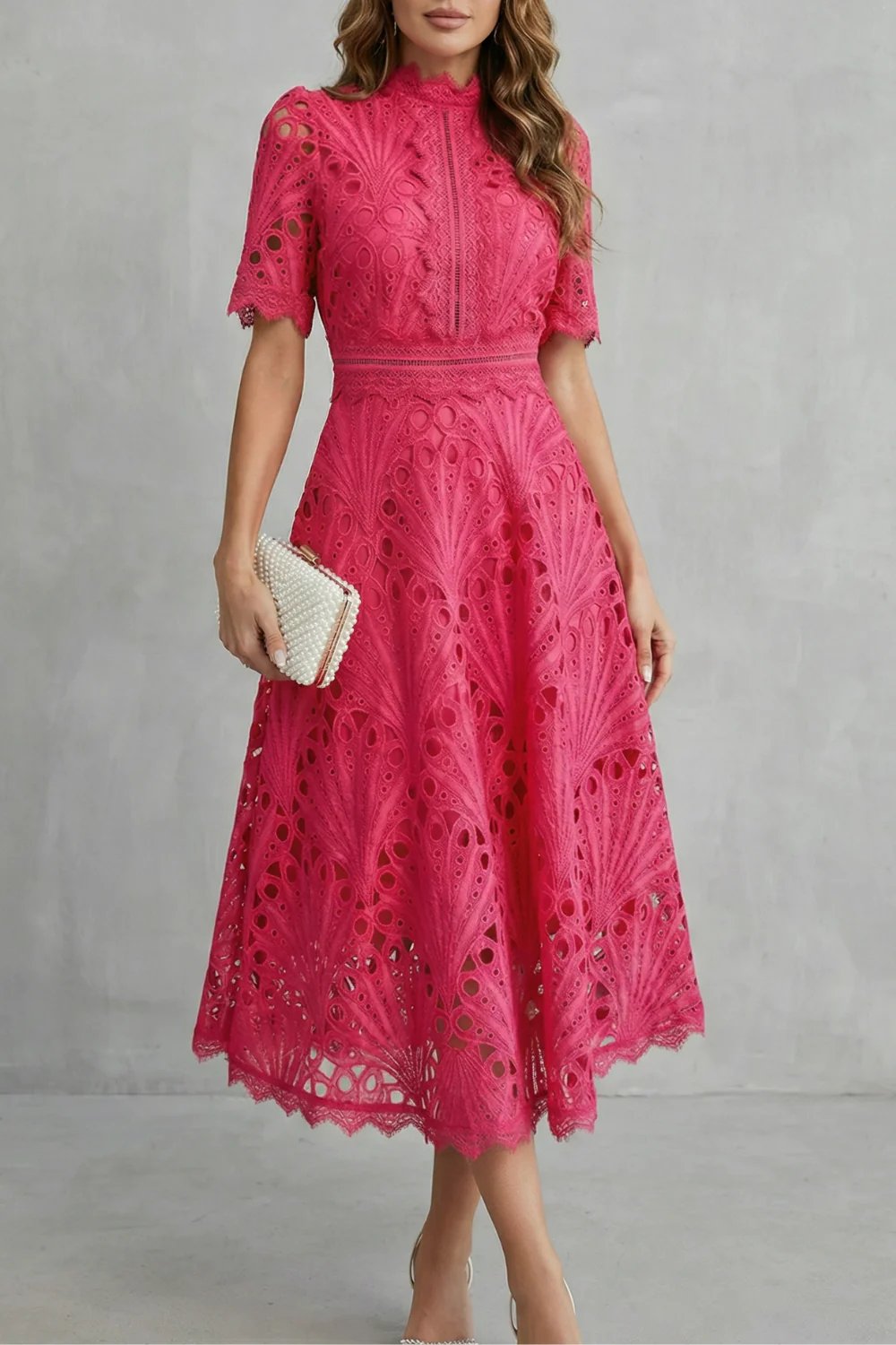 Ria™ | Intricate Lace High Neck Midi Dress