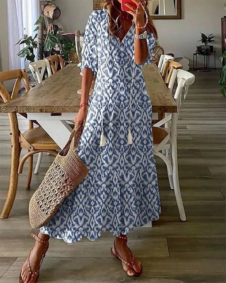 Delia™ | V-Neck Geometric Print Boho Dress
