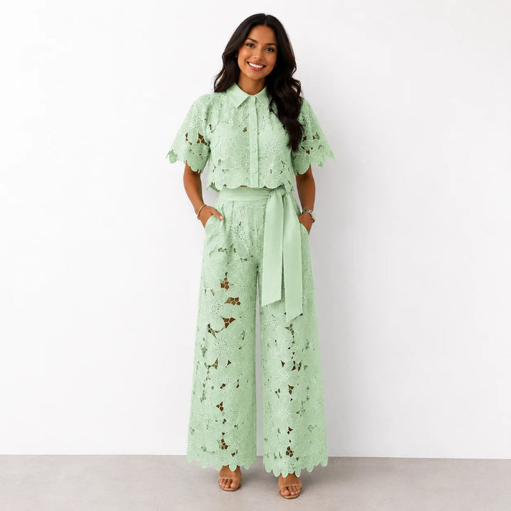Cecilia™ | Lace Overlay Cropped Top and Wide-Leg Pants Set