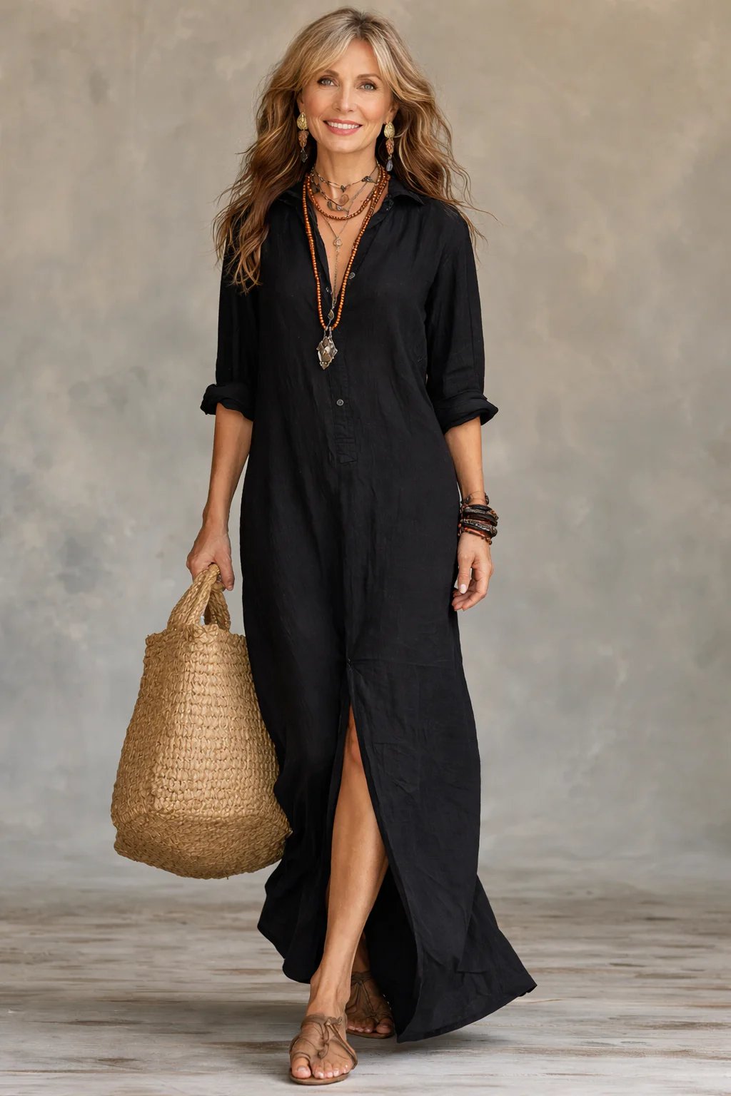 Maya™ | V-Neck Button Front Relaxed Maxi Dress