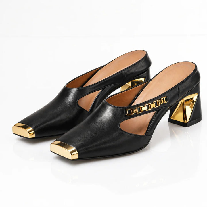 Diana™ | Gilded Square Toe Block Heel Mules