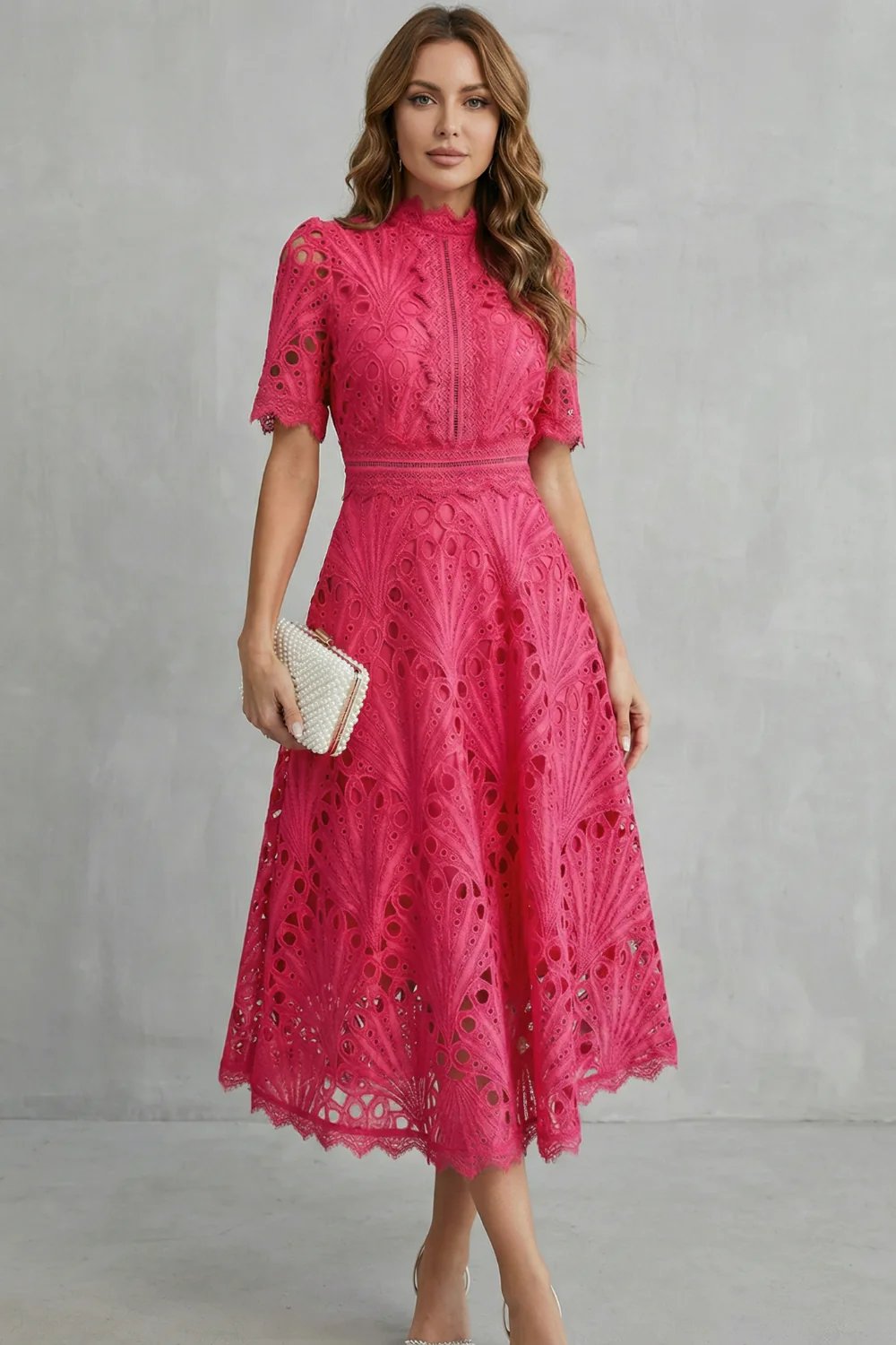 Ria™ | Intricate Lace High Neck Midi Dress