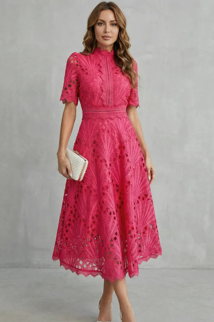 Ria™ | Intricate Lace High Neck Midi Dress