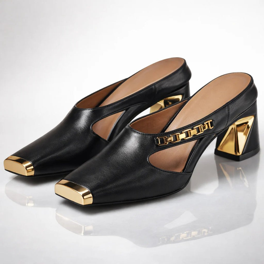 Diana™ | Gilded Square Toe Block Heel Mules