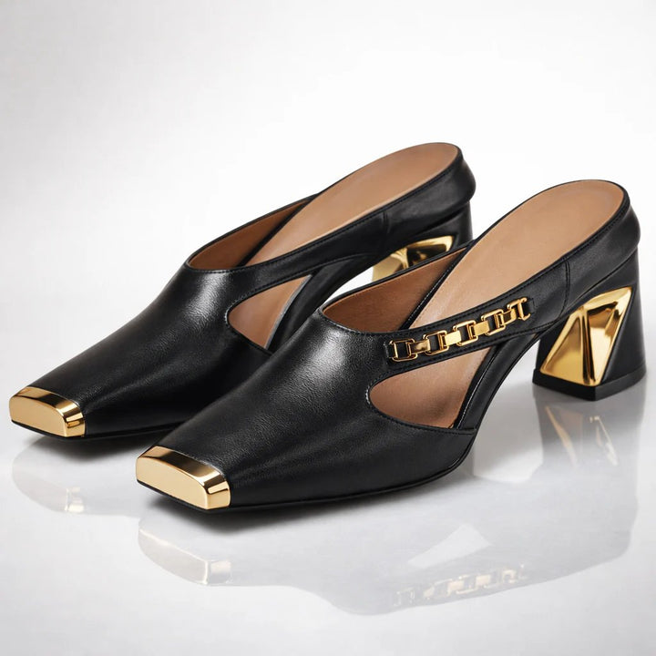 Diana™ | Gilded Square Toe Block Heel Mules