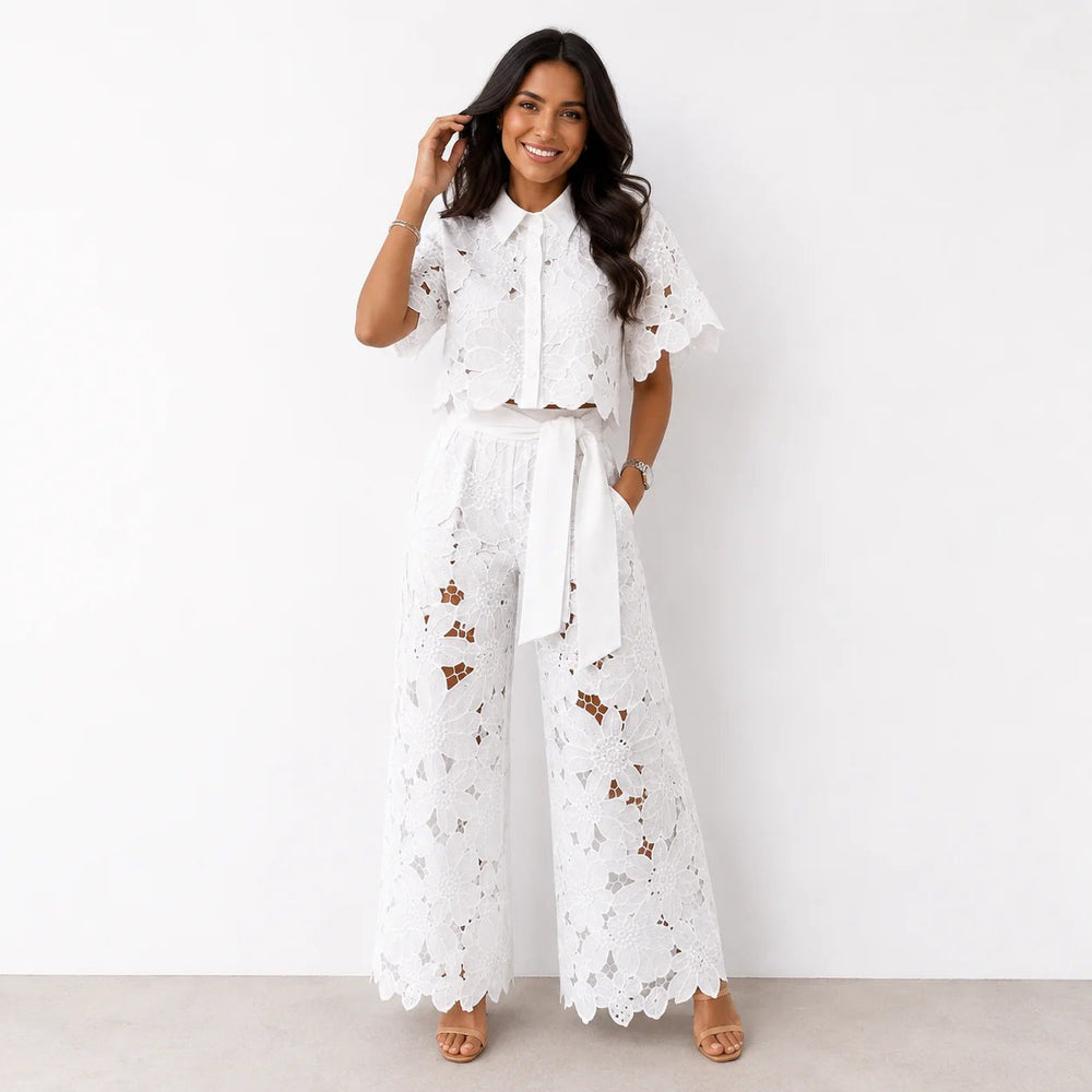 Cecilia™ | Lace Overlay Cropped Top and Wide-Leg Pants Set