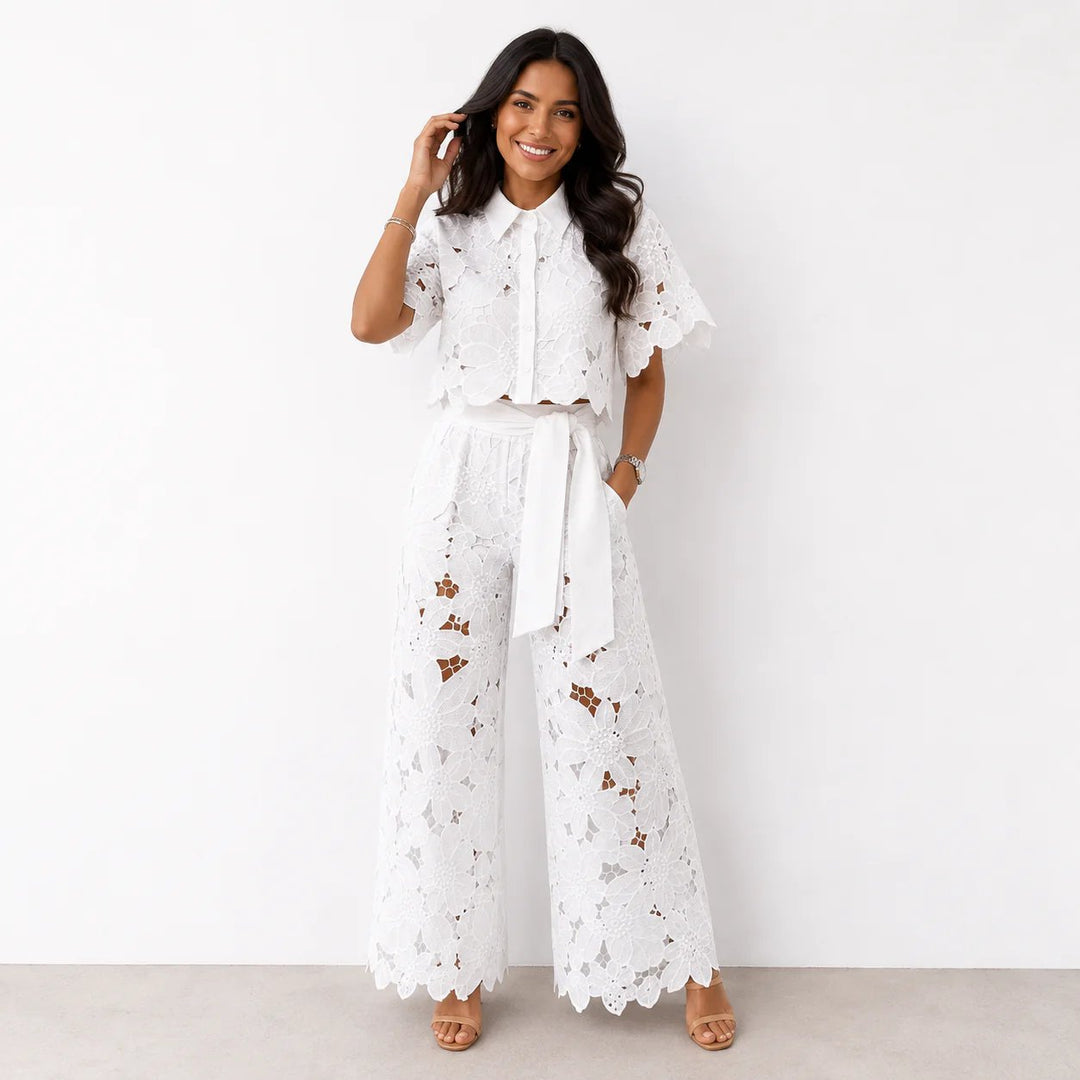 Cecilia™ | Lace Overlay Cropped Top and Wide-Leg Pants Set