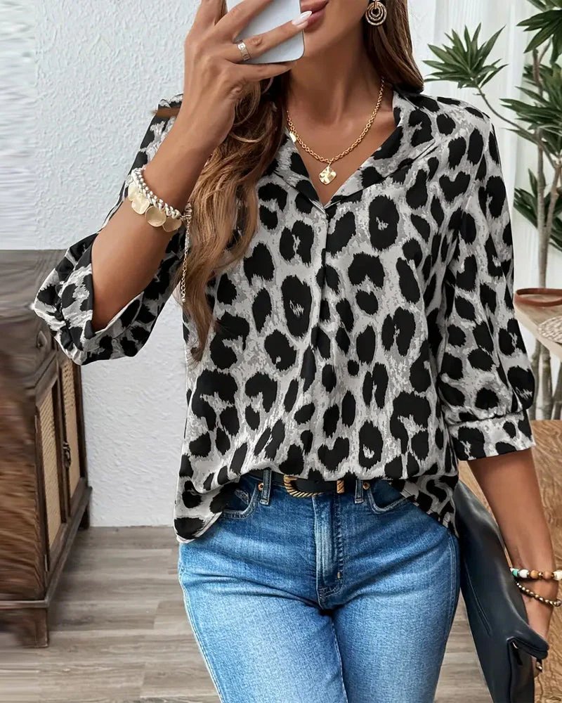 Julia™ | Leopard Print 3/4 Sleeve Lapel Blouse